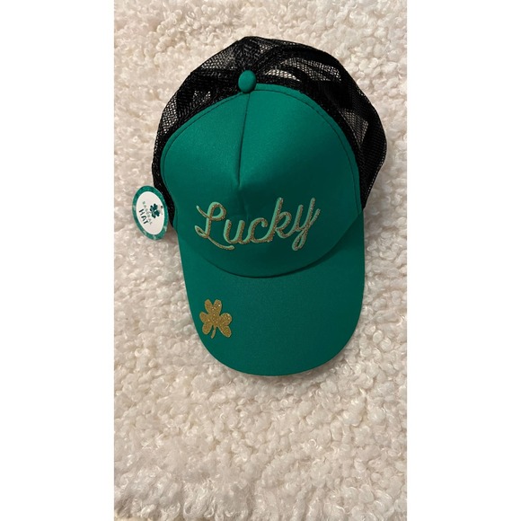 Lucky Green Baseball Cap with Shamrock on the Visor and Mesh back. Adjustble - Picture 2 of 10